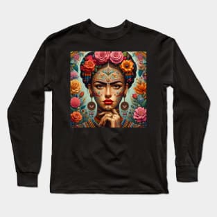 Latina woman folk art, frida kahlo looklike, flowers and tattoo Long Sleeve T-Shirt